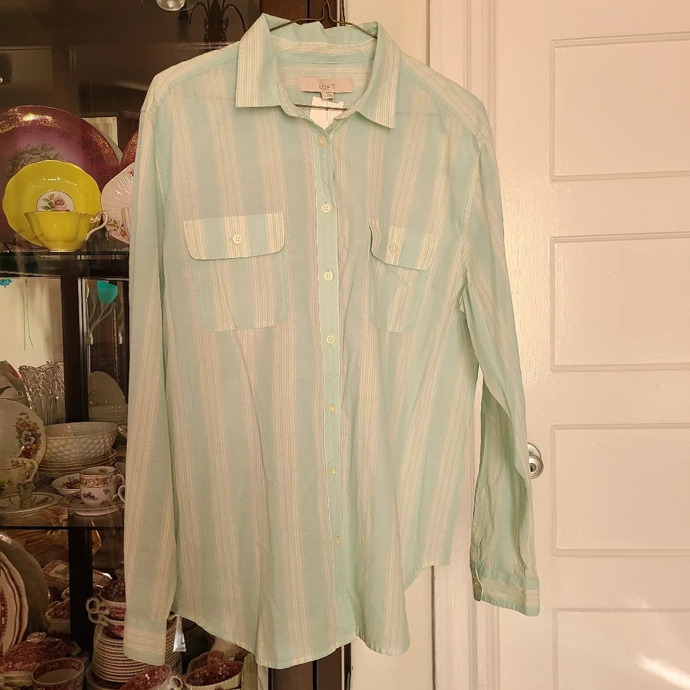 Loft Women's Striped Long Sleeve Button Down Shirt 100% Cotton Size Large NWT